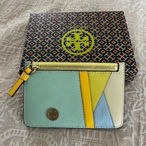 NWT Tory Burch Walker Patchwork Top-Zip Card Case Holder Wallet Blue Mint Chip
